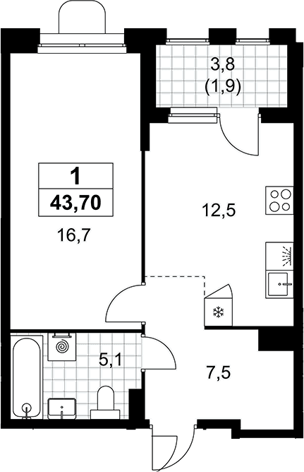 Планировка: 1-комнатная квартира 41,8 м² в ЖК «Прокшино»