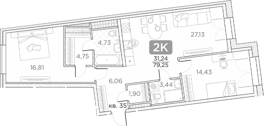 Планировка: Евротрёшка 79,3 м² в ЖК «Гильдия»