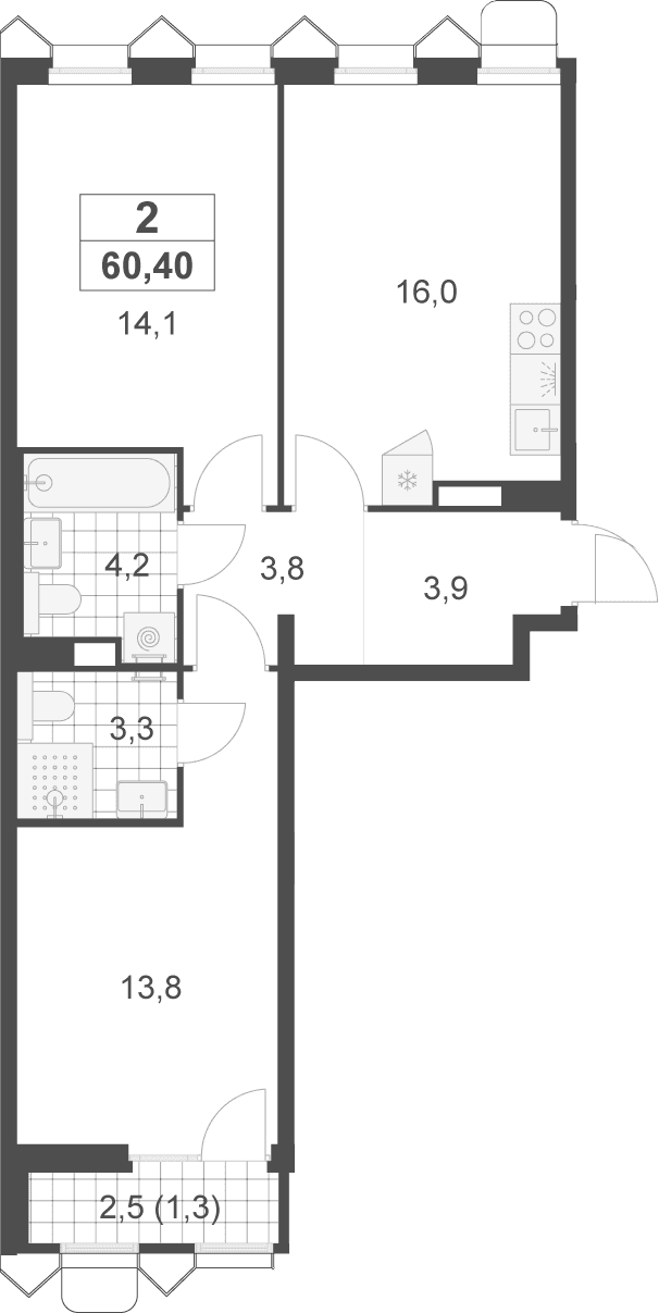 Планировка: Евротрёшка 59,1 м² в ЖК «Деснаречье»