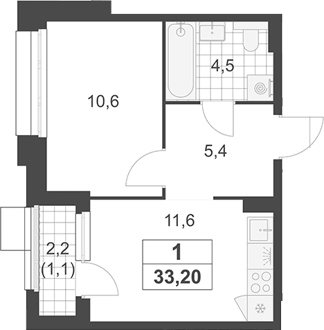 Планировка: 1-комнатная квартира 32,1 м² в ЖК «Южные сады»