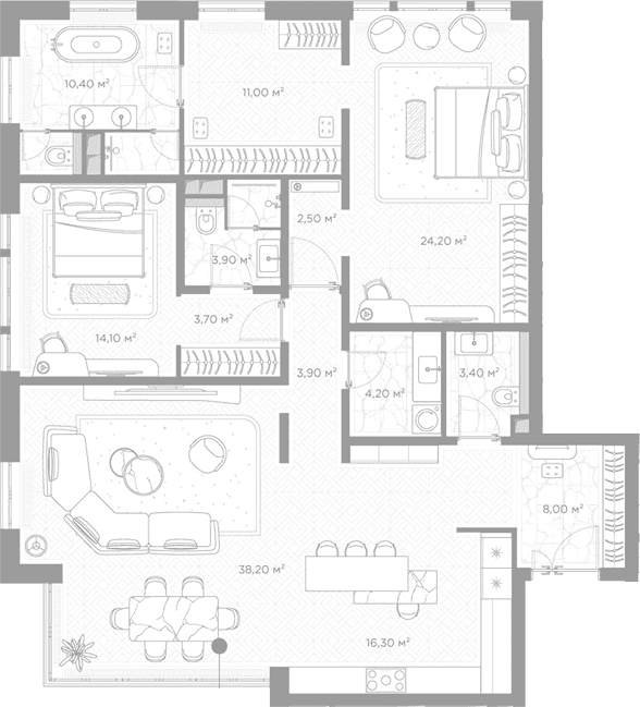 Планировка: 2-комнатная квартира 143,8 м² в ЖК «Николь»
