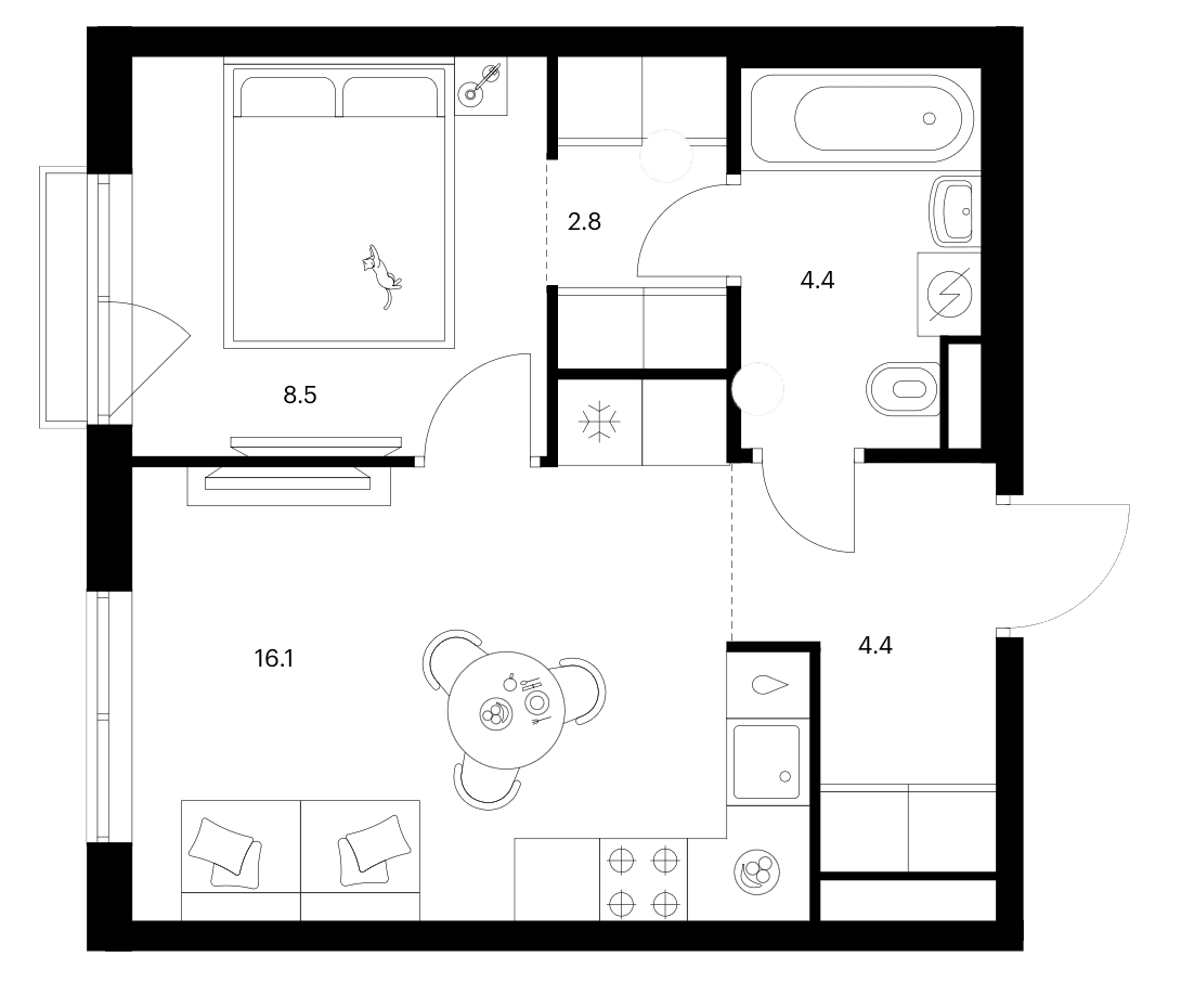 Планировка: 1-комнатная квартира 36,2 м² в ЖК «Москворечье»