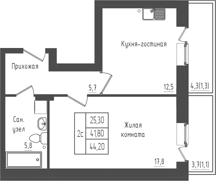 Планировка: 1-комнатная квартира 41,8 м² в ЖК «Зеленый город»