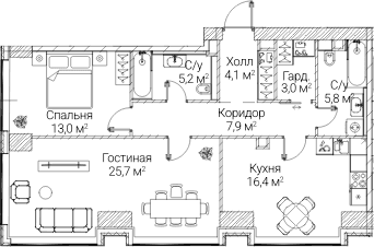 Планировка: 2-комнатная квартира 81,1 м² в ЖК «СЕЗАР БУДУЩЕЕ»