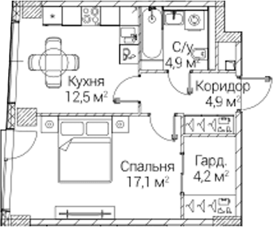 Планировка: 1-комнатная квартира 43,3 м² в ЖК «СЕЗАР БУДУЩЕЕ»
