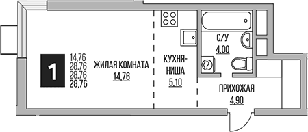 Планировка: Студия 28,8 м² в ЖК «Гранель Мытищи»