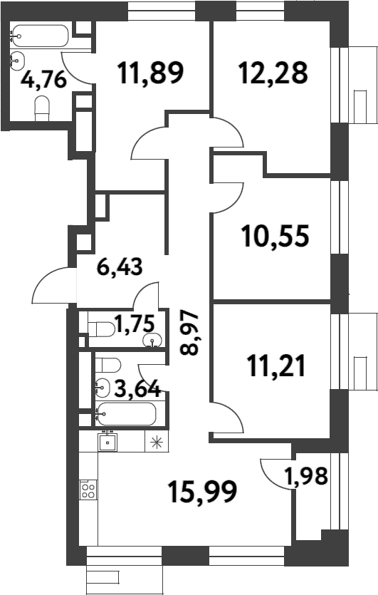 Планировка: 3-комнатная квартира 87,5 м² в ЖК «Смарт Гарден»