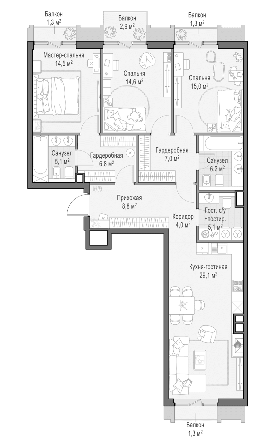 Планировка: Квартира евро-4 118,6 м² в ЖК «Квартал Тишинский бульвар»