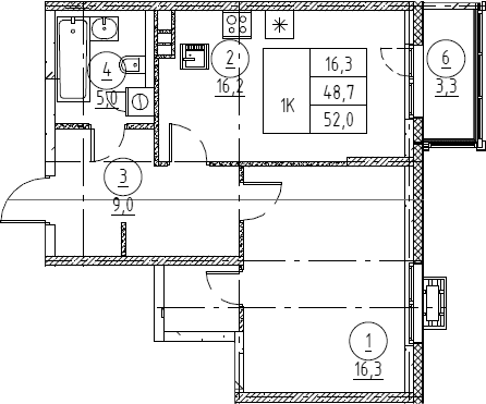 Планировка: Евродвушка 49,1 м² в ЖК «Крылов»