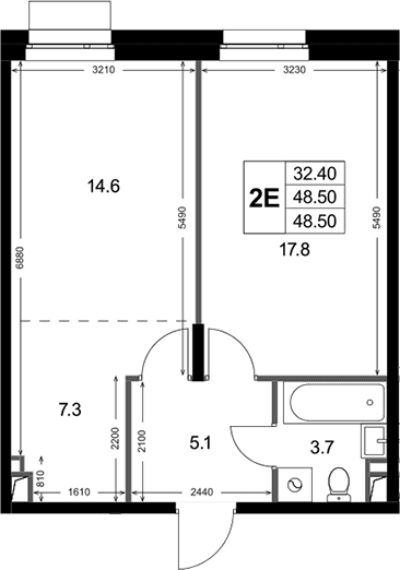 Планировка: Евродвушка 48,5 м² в ЖК «Кореневский Форт 2.3»