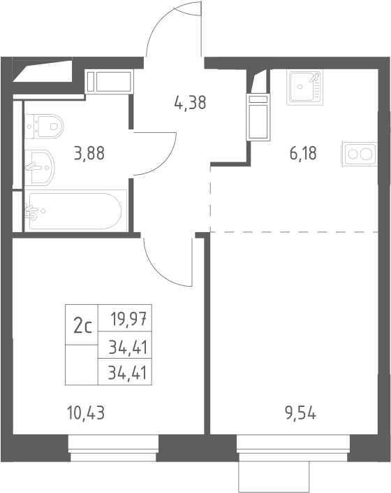 Планировка: Евродвушка 34,4 м² в ЖК «Пятницкие Луга»