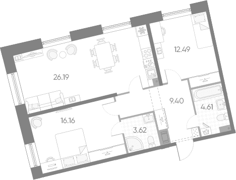Планировка: Евротрёшка 72,5 м² в ЖК «Бульвар Грина»
