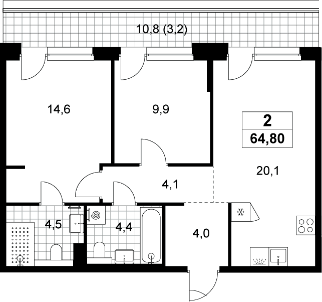 Планировка: Евротрёшка 61,6 м² в ЖК «Хольм»