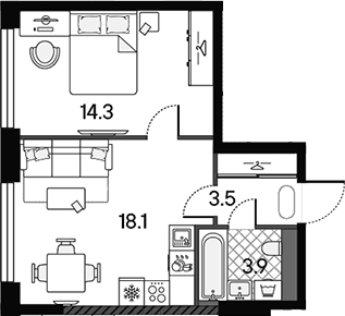 Планировка: Евродвушка 39,8 м² в ЖК «МАРК»