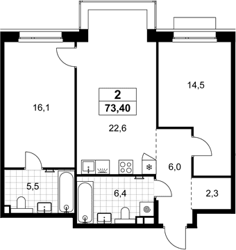 Планировка: Евротрёшка 73,4 м² в ЖК «Хольм»