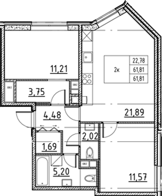 Планировка: Евротрёшка 61,8 м² в ЖК «Соло.Петергоф»