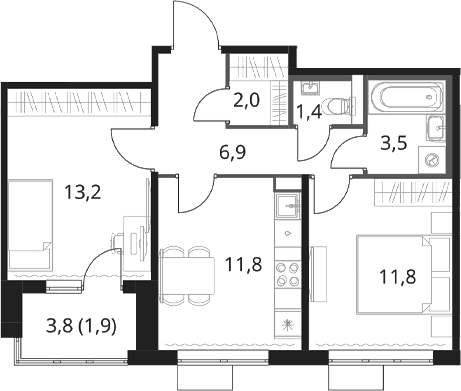 Планировка: 2-комнатная квартира 50,6 м² в ЖК «1-й Шереметьевский»