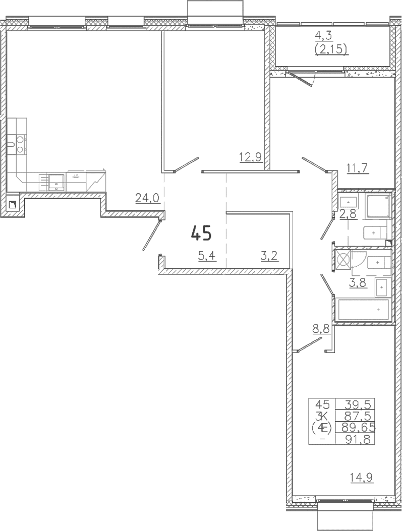 Планировка: Квартира евро-4 87,5 м² в ЖК «Лисино»