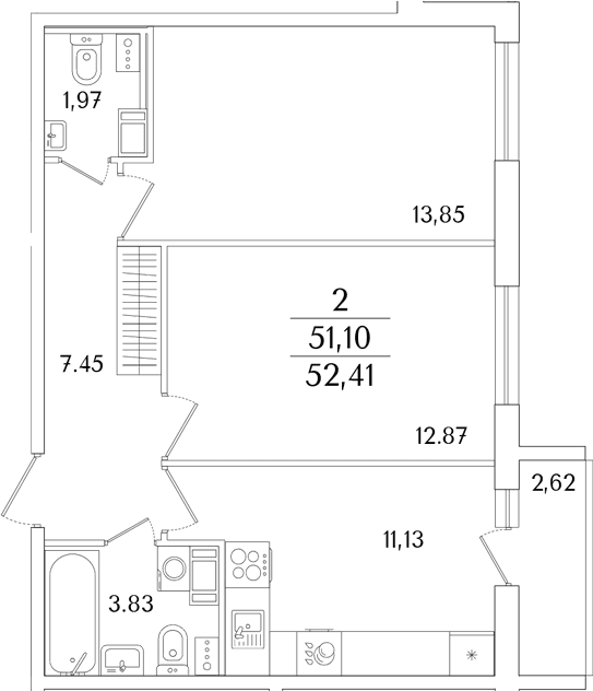Планировка: 2-комнатная квартира 51,1 м² в ЖК «Кинопарк»