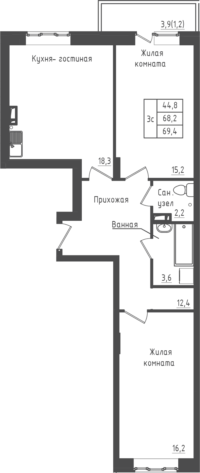 Планировка: 2-комнатная квартира 68,2 м² в ЖК «Зеленый город»
