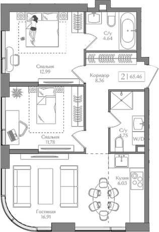 Планировка: Евротрёшка 65,5 м² в ЖК «Преображенская площадь»