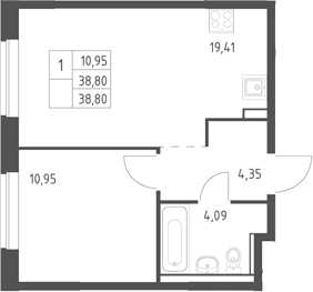 Планировка: Евродвушка 38,8 м² в ЖК «Егорово парк»