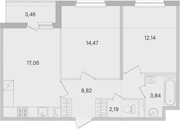 Планировка: Евротрёшка 58,5 м² в ЖК «Ясно.Янино»