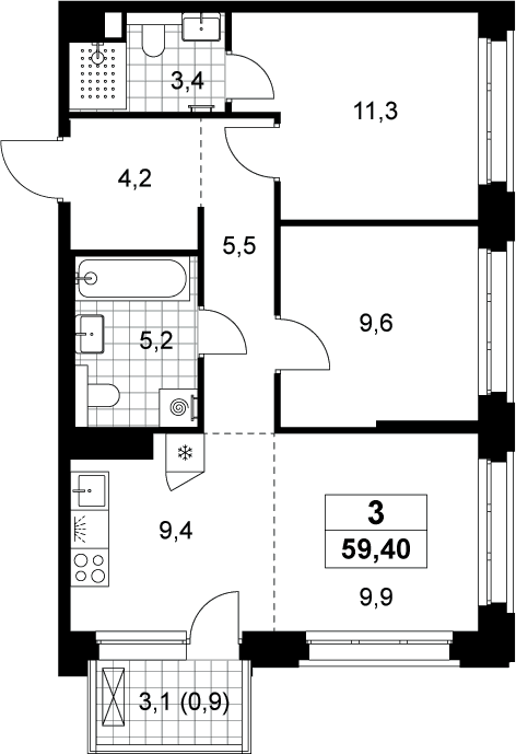 Планировка: Евротрёшка 58,5 м² в ЖК «Хольм»