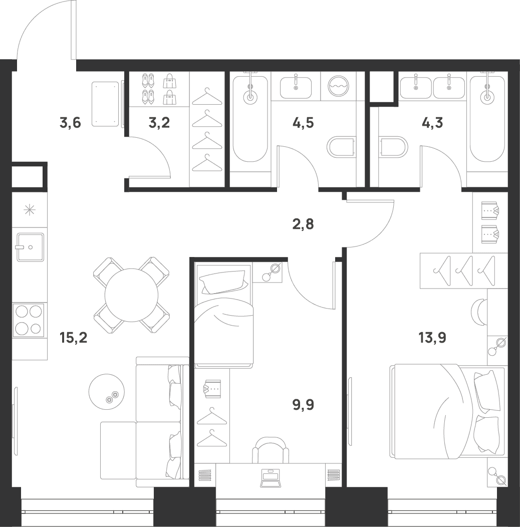 Планировка: 2-комнатная квартира 57,4 м² в ЖК «ВОЙС»