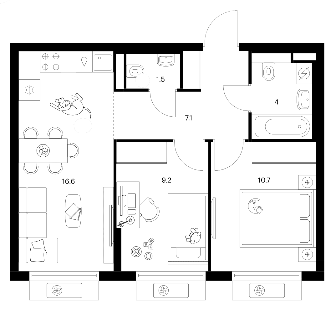 Планировка: 2-комнатная квартира 49,1 м² в ЖК «Белая Дача парк»