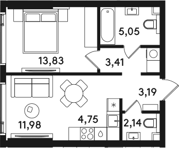 Планировка: Евродвушка 44,4 м² в ЖК «СОЛОС»