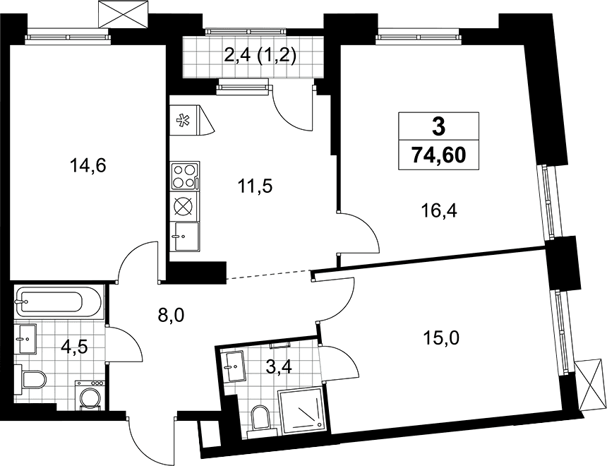 Планировка: 3-комнатная квартира 73,4 м² в ЖК «Деснаречье»