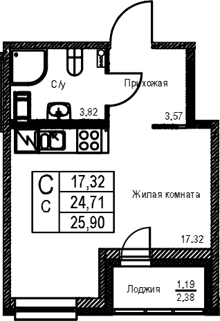 Планировка: Студия 24,7 м² в ЖК «ID Kudrovo II»
