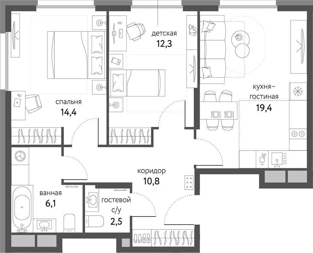 Планировка: Евротрёшка 65,5 м² в ЖК «Сиреневый парк»