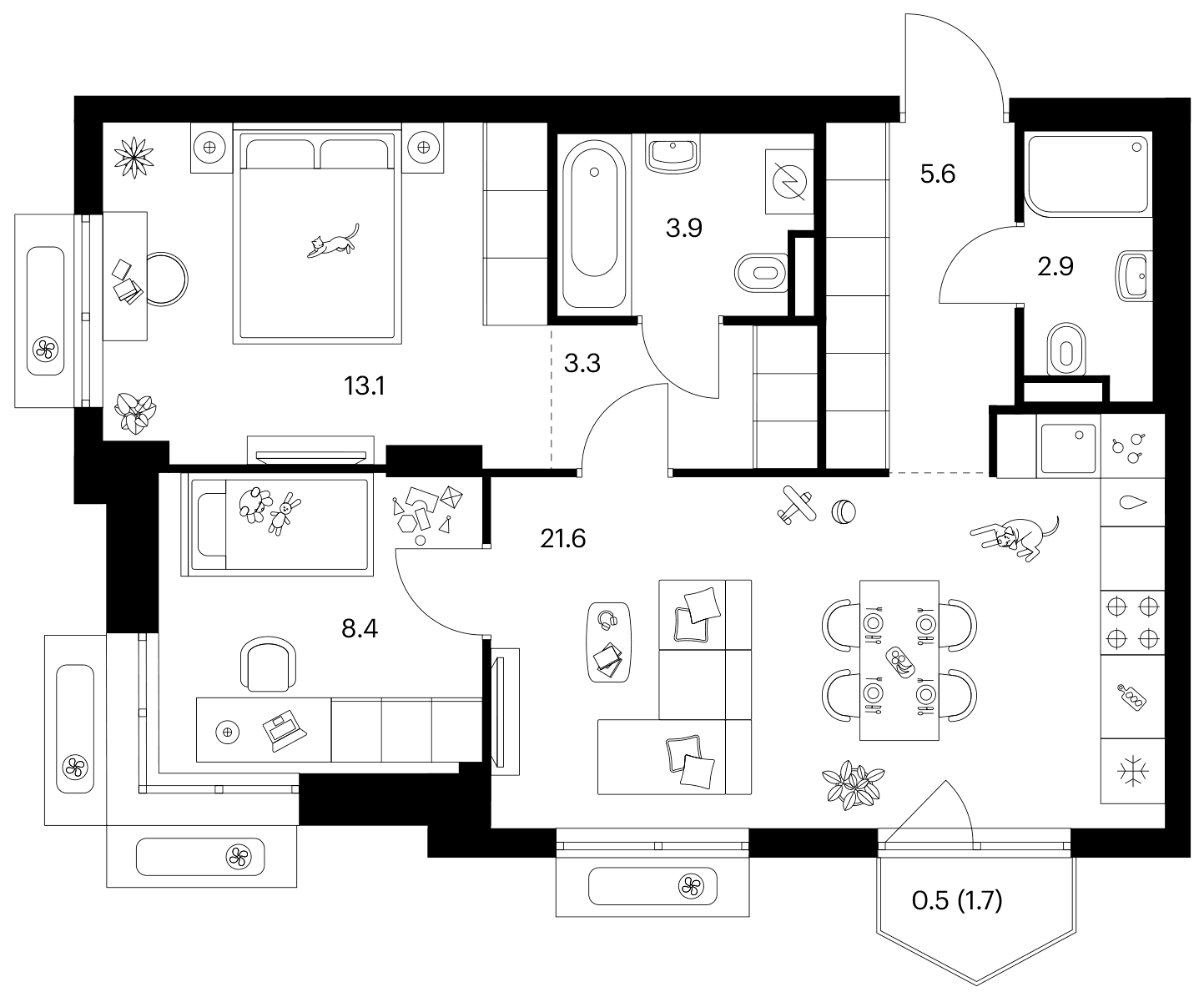 Планировка: 2-комнатная квартира 58,8 м² в ЖК «Ярославский»