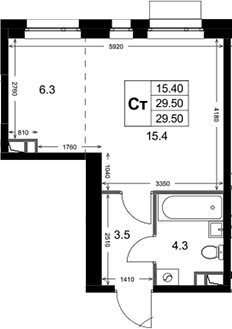 Планировка: Студия 29,5 м² в ЖК «Кореневский Форт 2.3»