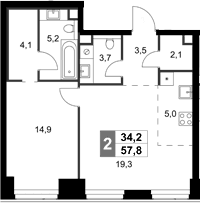 Планировка: Евродвушка 57,8 м² в ЖК «Амбер Сити»