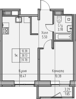 Планировка: Евродвушка 38,1 м² в ЖК «Юнтолово»