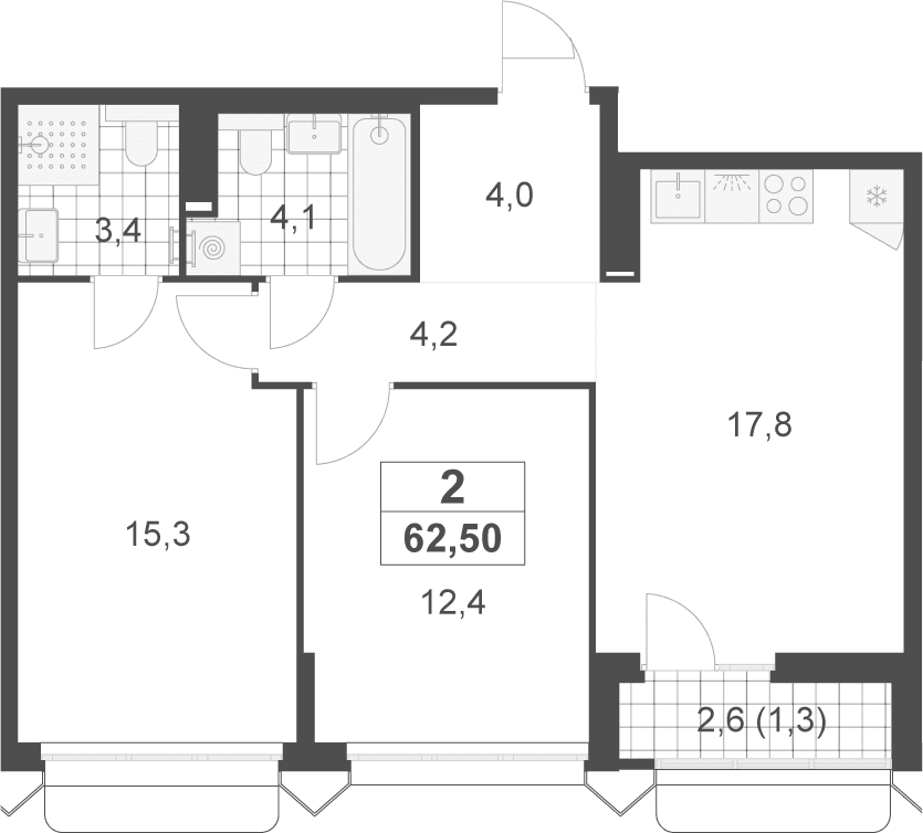 Планировка: Евротрёшка 61,2 м² в ЖК «Деснаречье»
