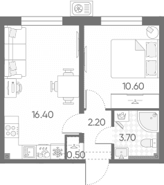 Планировка: Евродвушка 33,4 м² в ЖК «Зеркальный ручей»