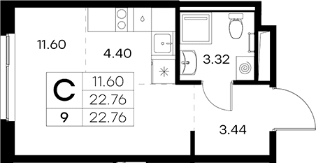 Планировка: Студия 22,8 м² в ЖК «Новоселье»
