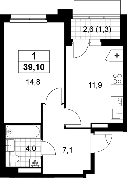 Планировка: 1-комнатная квартира 37,8 м² в ЖК «Деснаречье»