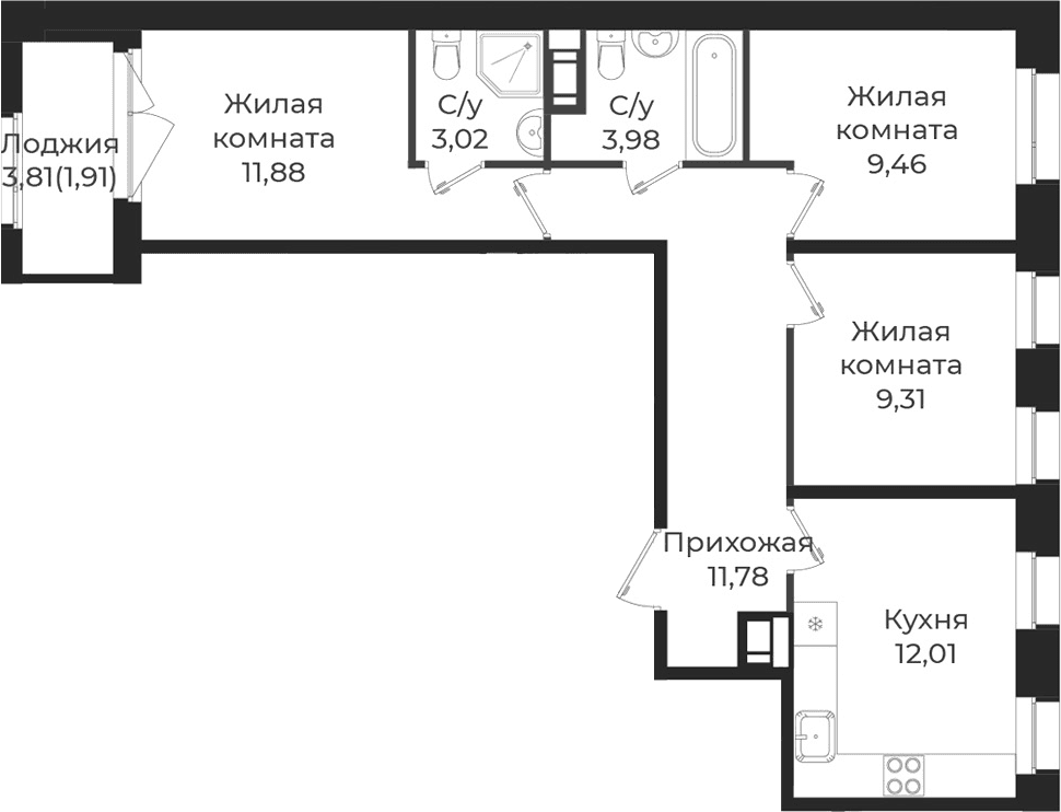 3-комнатная квартира