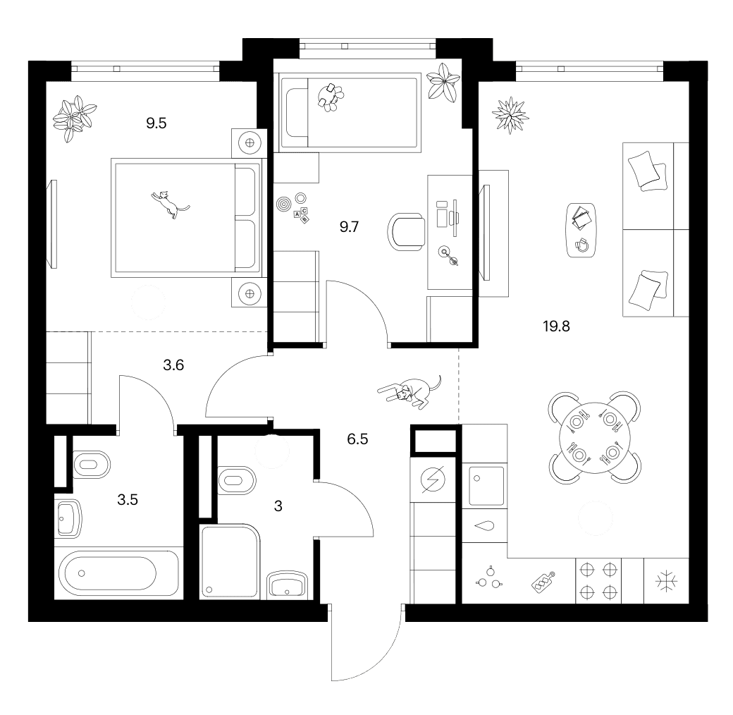 Планировка: 2-комнатная квартира 55,6 м² в ЖК «Зеленый парк»