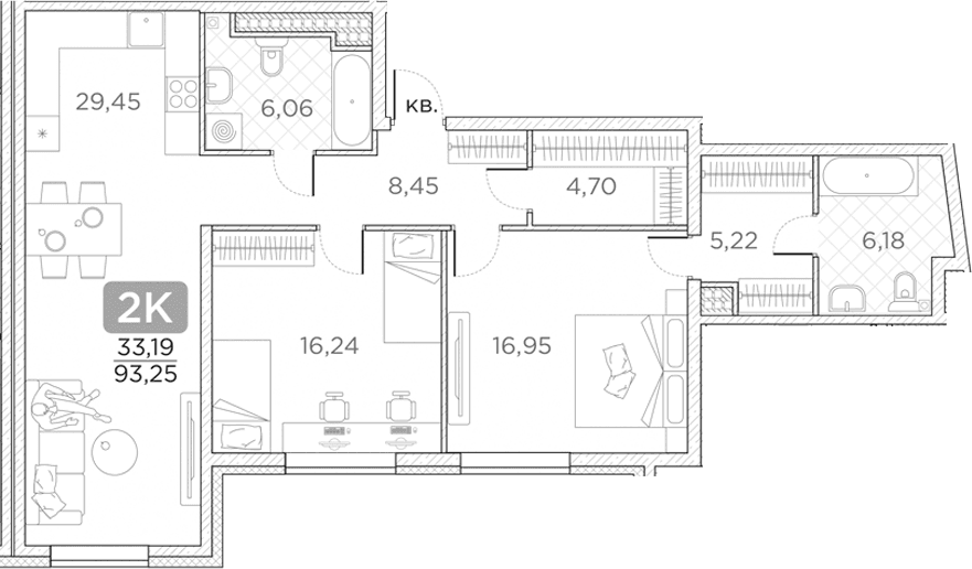 Планировка: Евротрёшка 93,3 м² в ЖК «Гильдия»