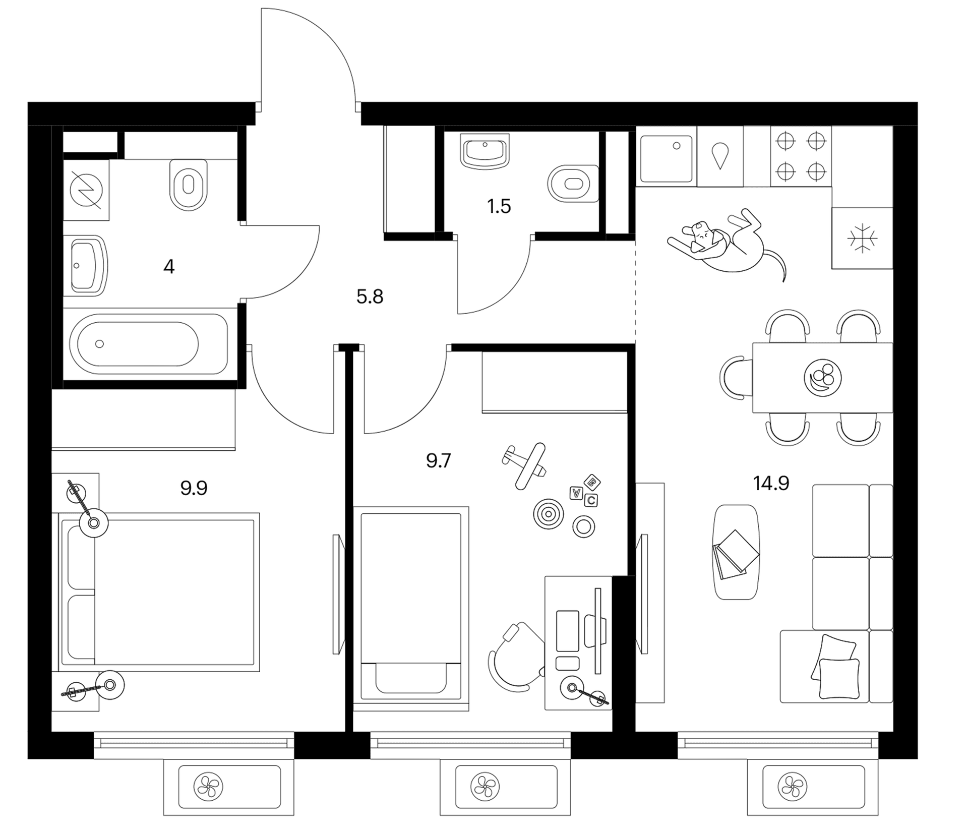 Планировка: 2-комнатная квартира 45,8 м² в ЖК «Белая Дача парк»