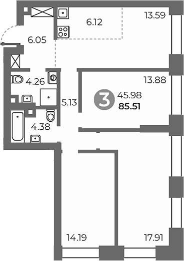 Планировка: 3-комнатная квартира 85,5 м² в ЖК «Павелецкая от Гранель»