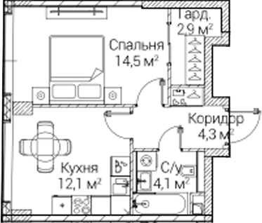 Планировка: 1-комнатная квартира 38,2 м² в ЖК «СЕЗАР БУДУЩЕЕ»
