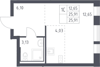 Планировка: Студия 25,9 м² в ЖК «Квартал Авиаторов»