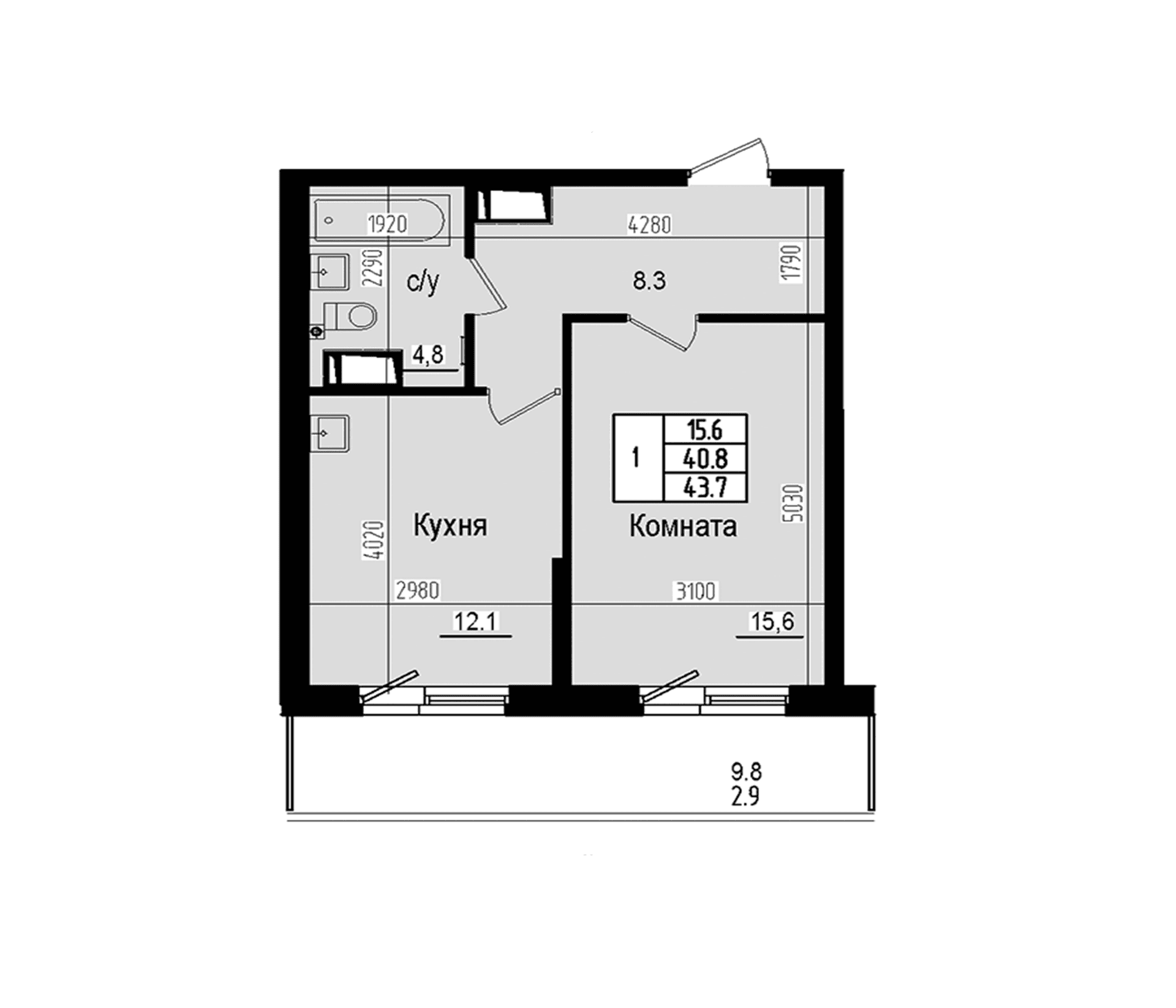 Планировка: 1-комнатная квартира 41 м² в ЖК «Прагма Сити»